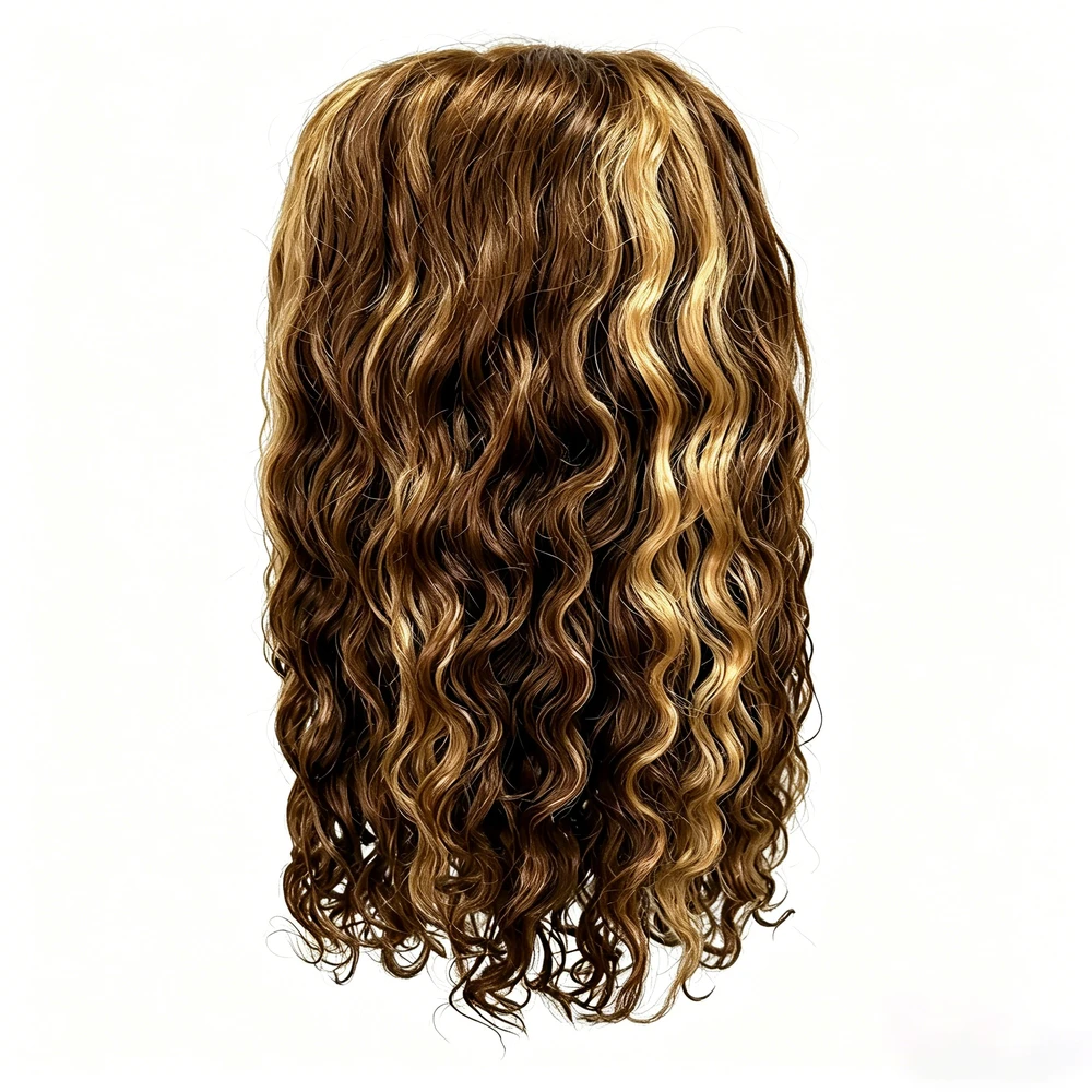 Full Hand-Tied Human Hair Wig Long Curly Wig