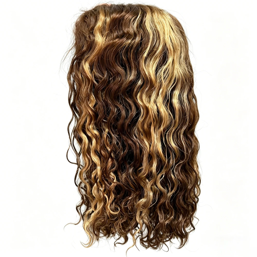 Full Hand-Tied Human Hair Wig Long Curly Wig