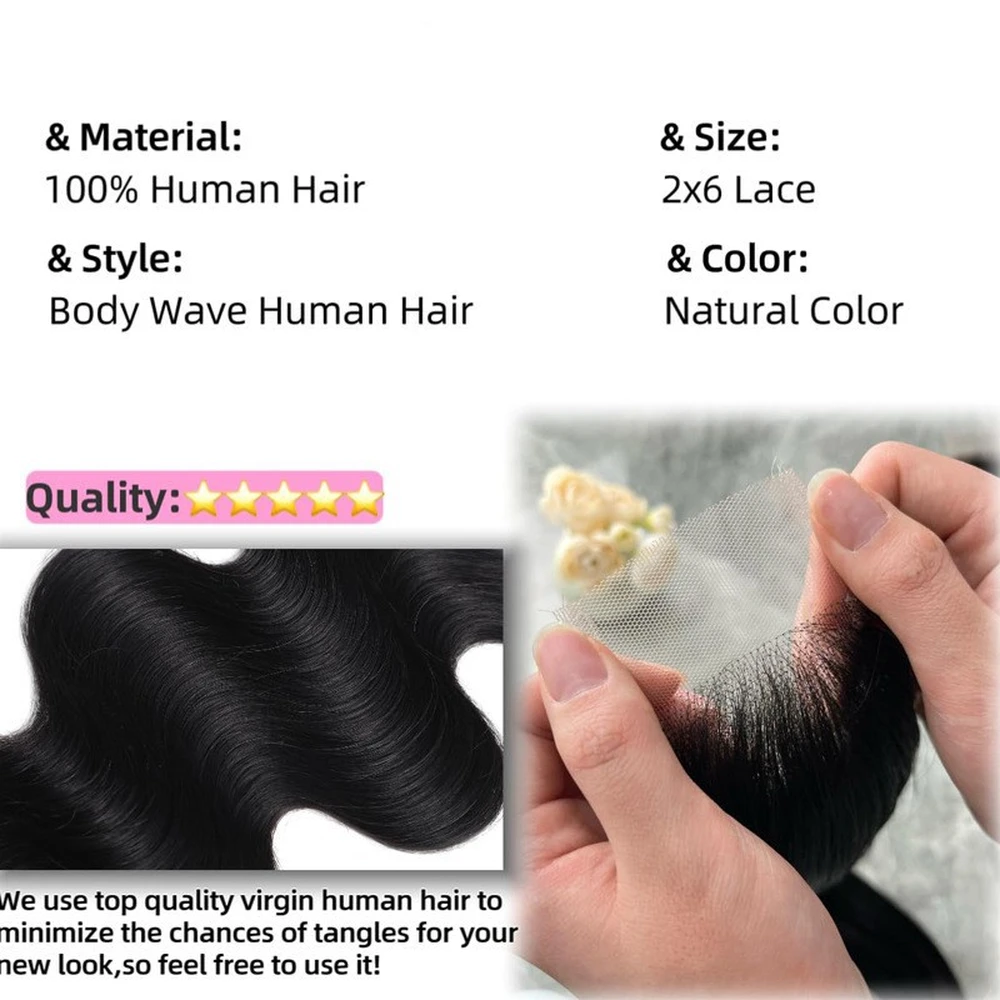 2x6 Human Hair Lace Closure Double Imitation Swiss Lace